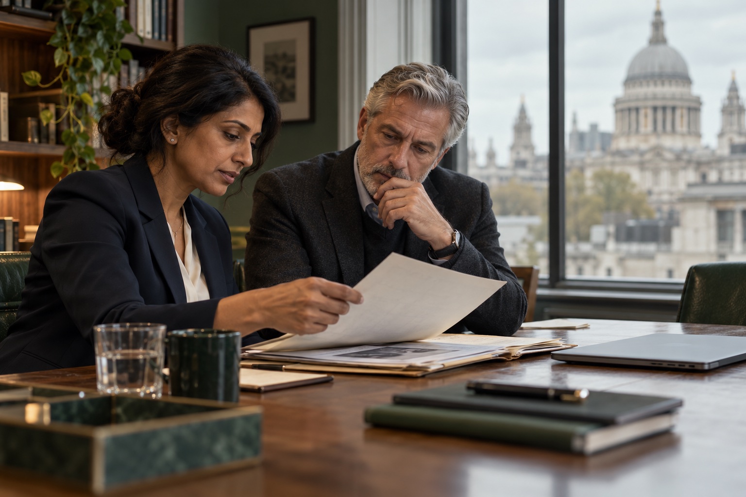 A solicitor and investigator reviewing a case file together